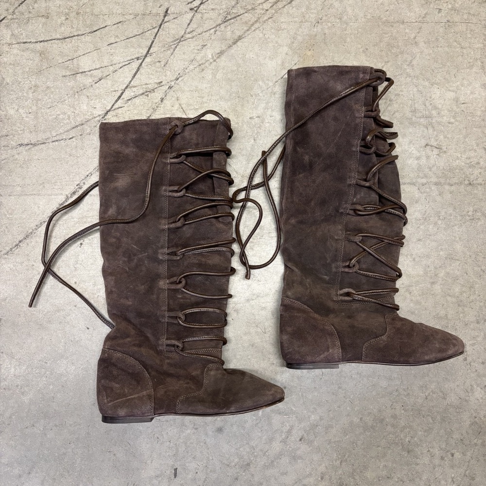 Boho Brown Suede Lace Up Boots Women's 7 Knee High Ghillie Tall Moccasin Fringe